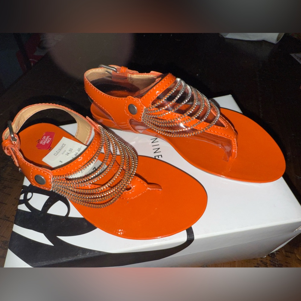 Nine West Shiny Orange Sandals with Silver Accents